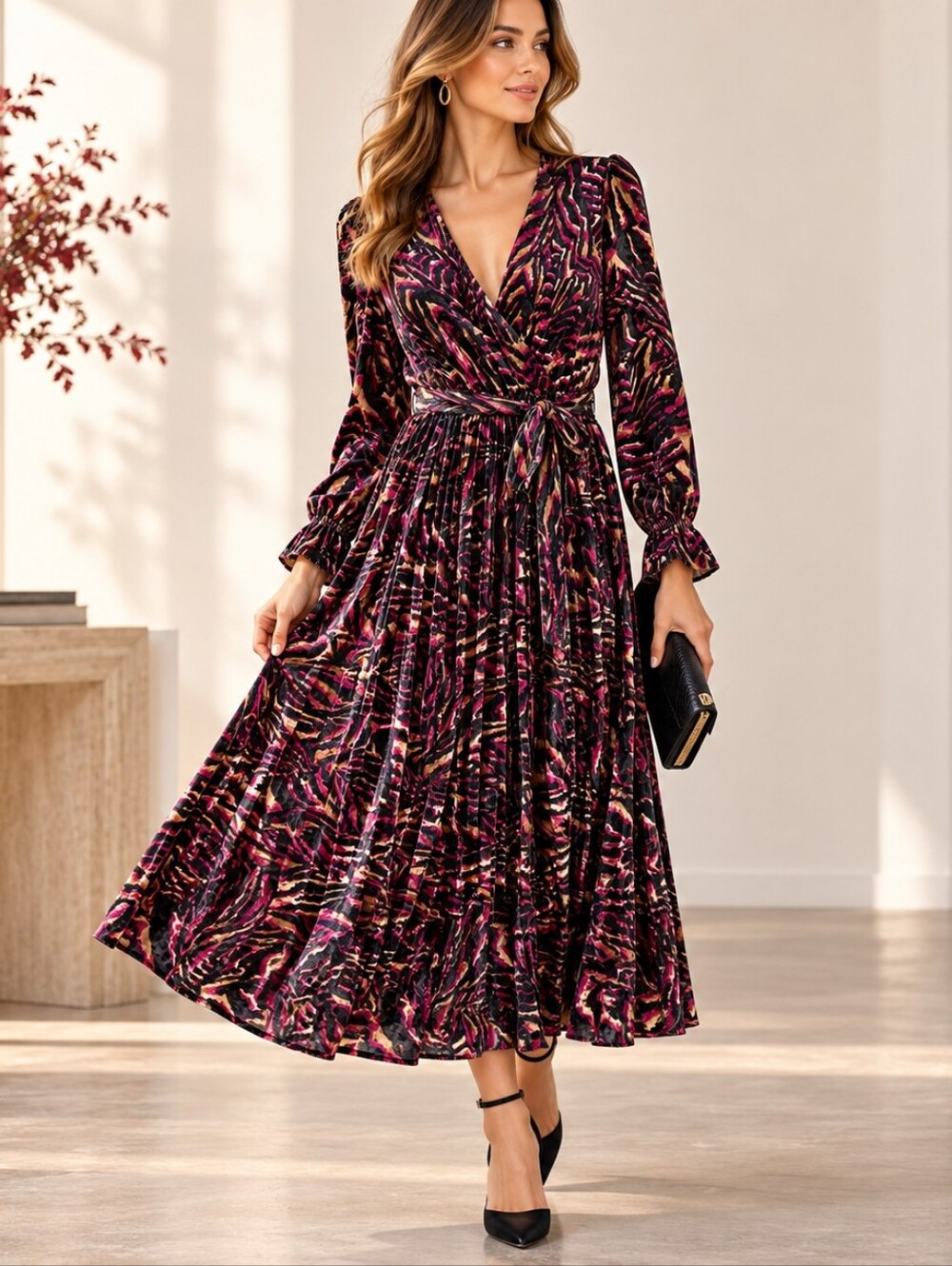Wodemaya Italian Velvet Abstract Print Midi Dress M